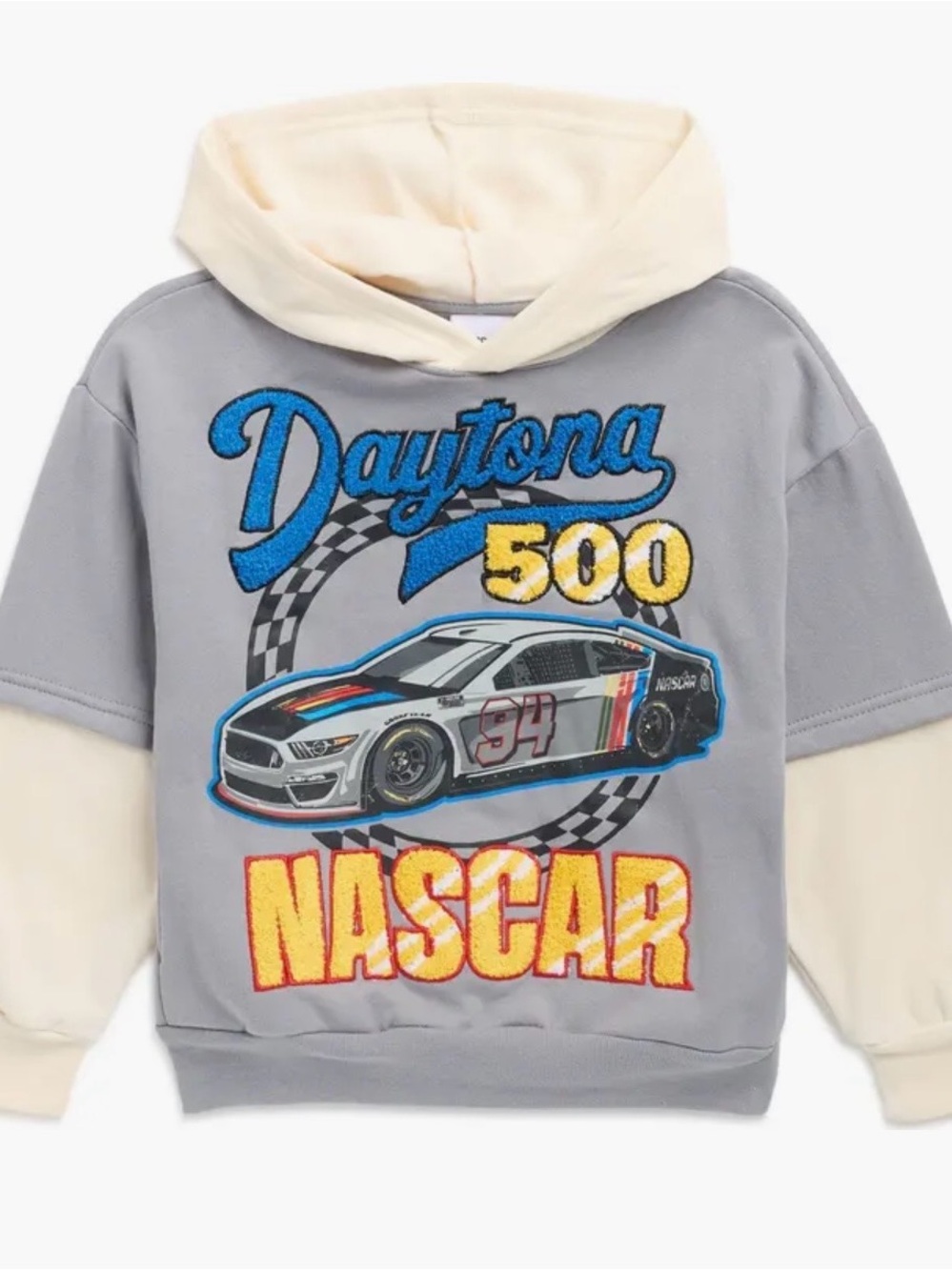 NASCAR Boys Daytona 500 Grey Ivory Twofer Hoodie Size 10-12 Long Sleeve